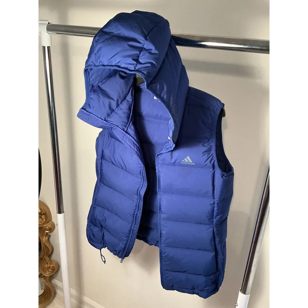 Adidas Hooded Puffer Vest Royal Blue Quilted Full Zip Sleeveless Jacket M‎ - Picture 5 of 14
